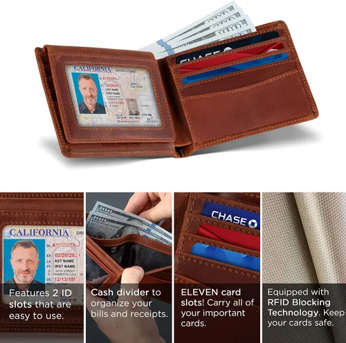 Vista 4 de SERMAN BRANDS Cartera de 2 ventanas de identificación para hombres con bloqueo RFID, tapa plegable, cartera de viaje de capacidad adicional