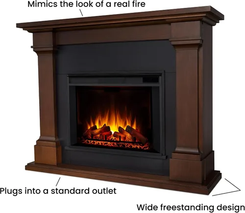 Vista 3 de Real Flame Callaway Chimenea eléctrica Grand de 63" con repisa en roble castaño, chimenea eléctrica independiente de gran tamaño para interiores