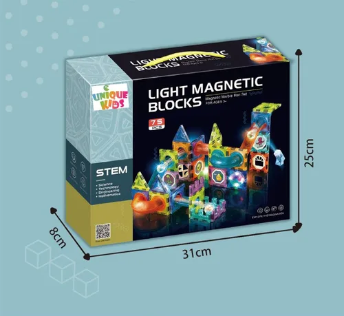 Vista 2 de UNIQUE KIDS Bloques de construcción de azulejos magnéticos con carrera de mármol iluminada y bola LED, juguetes STEM STEAM para niños de 3 a 10 años