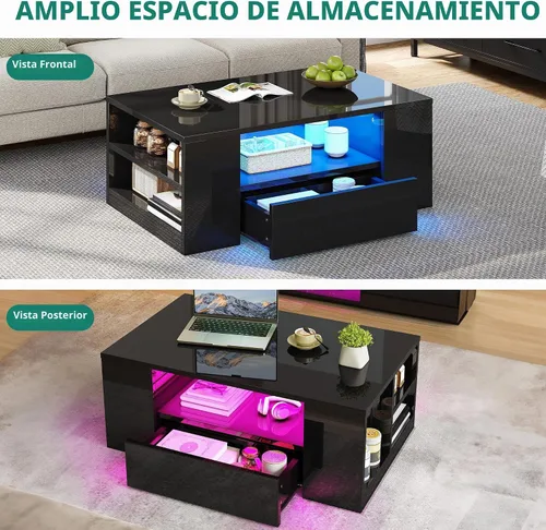 Vista 4 de YITAHOME Mesas de centro LED modernas para sala de estar, mesa de centro de alto brillo con 2 cajones de almacenamiento y estantes abiertos