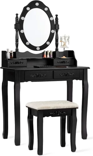 Vista 12 de CHARMAID Tocador de maquillaje con 10 luces LED, 4 cajones, estante de almacenamiento, perilla en forma de rosa, tocador de maquillaje