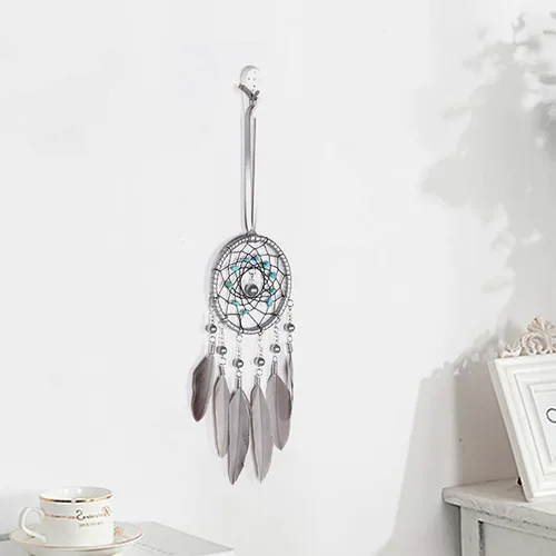 Vista 6 de Atrapasueños para automóvil, espejo retrovisor de plumas pequeñas, atrapasueños para colgar en la pared, accesorios decorativos para mujer (gris)