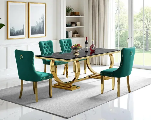 Vista 16 de Juego de mesa de comedor de mármol de 68.11 pulgadas para 4, moderna mesa de comedor de mármol sintético con 4 sillas de comedor de terciopelo