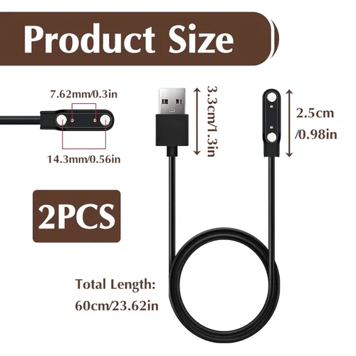 Vista 2 de Paquete de 2 cables de carga magnéticos para reloj inteligente, 2 pines de 0.300 in, cable de carga de repuesto compatible con reloj inteligente