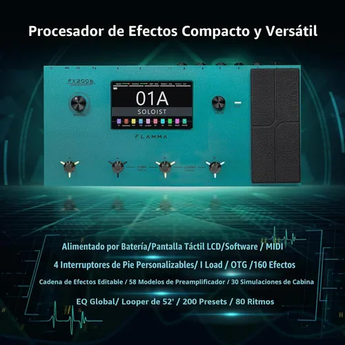 Vista 4 de FLAMMA FX200 - Procesador multiefectos con batería, pantalla táctil LCD de 5" programable, puerto MIDI, amplia E/S, grabación de audio USB, 58