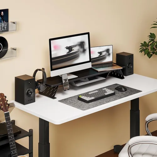 Vista 7 de Fenge Soporte de monitor doble, elevador de monitor de 42.5 pulgadas para escritorio, estante de escritorio de madera para 2 monitores, estante