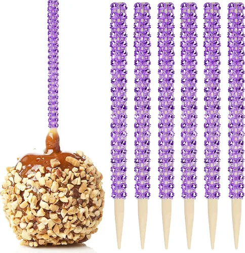 Vista 14 de 32 PIEZAS de Palitos de Manzana de Caramelo Brillantes de Bambú, Brochetas de Punta de Madera con Envoltura de Malla de Diamantes y Pedrería Negro