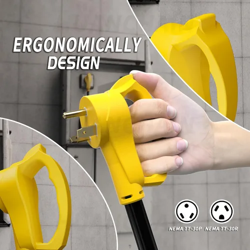 Vista 2 de PlugSaf - Cable de extensión para caravana de 15 pies y 30 amperios para exteriores, 10AWG 125V 3750W STW, color amarillo NEMA TT-30P/R, Flexible