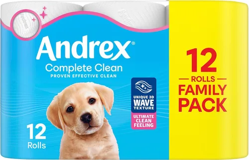 Vista 4 de Andrex 12 rollos de papel higiénico Complete Clean (anteriormente Andrex Classic Clean) Papel higiénico inmejorable con onda 3D única, certificado
