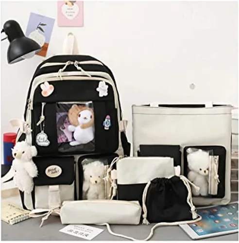 Vista 5 de Mochila Kawaii de 5 piezas, bolsa deportiva estética de 17 pulgadas con bonita mochila, bolsa de hombro, caja de lápices, bolsa de mano, bolsa
