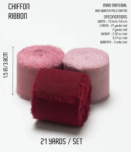 Vista 2 de Juego de 3 rollos de cinta de gasa de gasa hecha a mano con flecos de 1.5 pulgadas x 7 yardas para decoración de flores, invitaciones de boda