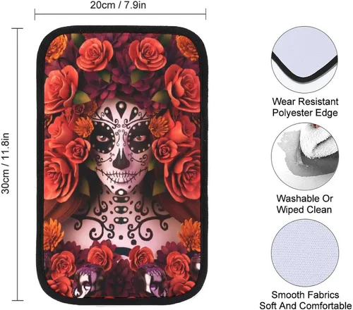 Vista 2 de Consola central de auto para calaveras de azúcar y rosas, Día de Muertos, Halloween, funda para reposabrazos de automóvil, cojín para reposabrazos