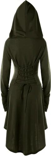 Vista 3 de Womens Renaissance Costumes Hooded Robe Lace Up Vintage Pullover High Low Long Hoodie Dress