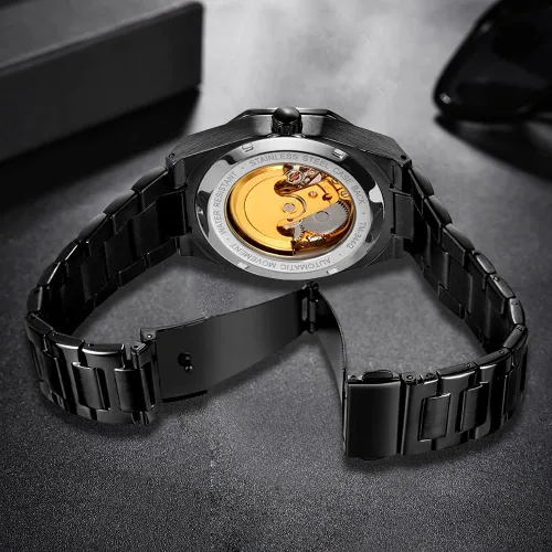 Vista 7 de Tiong Reloj de pulsera mecánico de acero inoxidable de esqueleto de lujo, resistente al agua, negro, automático, para hombre