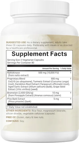Vista 8 de Micro Ingredients Nattokinase 10,000 FU por porción (extracto natural de natto), 240 cápsulas vegetarianas con CoQ10, cúrcuma, ajo envejecido