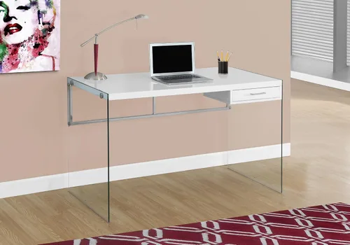 Vista 2 de Atlin Designs Escritorio de 48 pulgadas, acabado blanco brillante, patas de vidrio templado, construcción de panel grueso, laminado resistente a