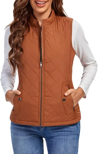 Vista 23 de Fuinloth Women's Quilted Vest Lightweight Puffer Stand Collar Zip Gilet Beige