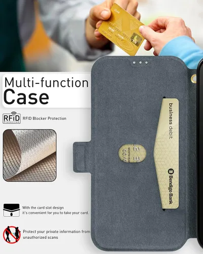 Vista 4 de OCASE Funda tipo cartera para iPhone 15, funda delgada de piel sintética, ranuras para tarjetas, bloqueo RFID, soporte de soporte, funda de teléfono