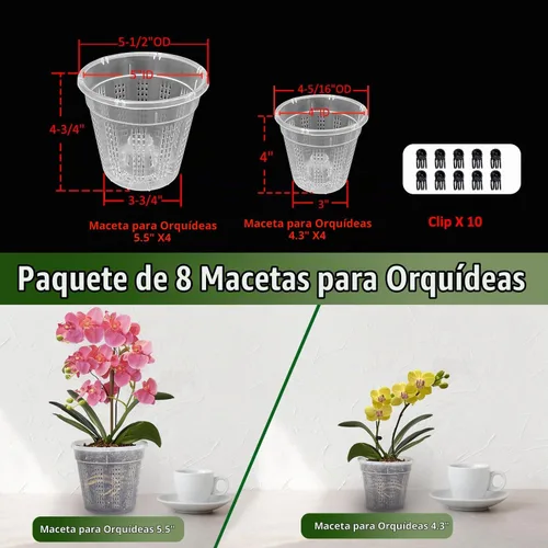Vista 5 de 8 macetas para orquídeas, 4 de cada una de 4.3 pulgadas, 5.5 pulgadas con agujeros, macetas de orquídeas para trasplantar, maceta de plástico
