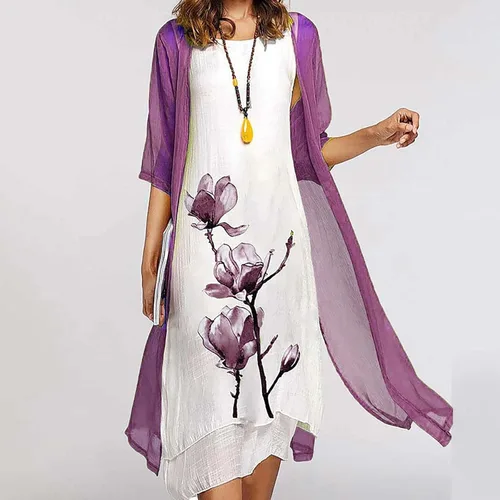 Vista 3 de Moda para mujer 2023, conjunto de dos piezas con estampado casual de moda y cuello redondo y longitud media