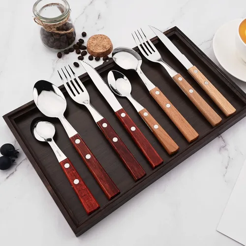 Vista 2 de Juego de cubiertos de madera de acero inoxidable 304 con mango ancho, juego de cubiertos de madera duradera, utensilios reutilizables, espejo