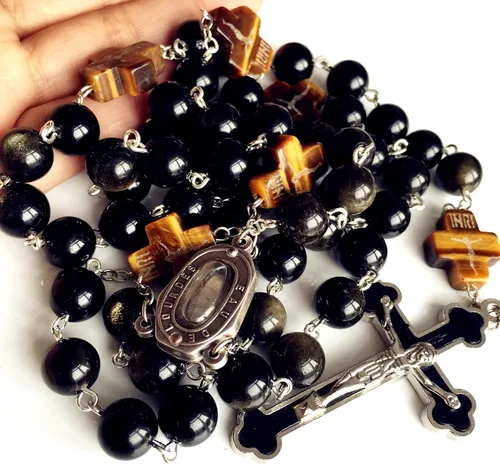 Vista 6 de elegantmedical Hecho a mano católico negro 0.394 in oro obsidiana cuentas Lourdes medalla de agua rosario cruz collar caja para hombre mujer regalo