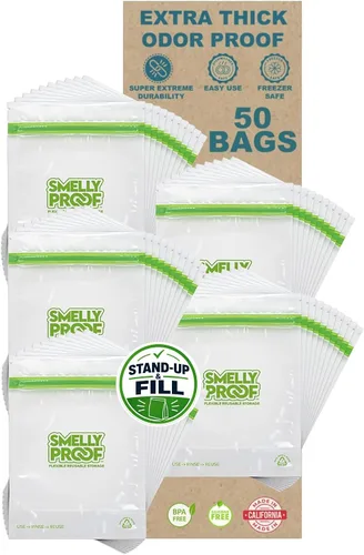 Vista 17 de Smelly Proof 50 bolsas reutilizables de almacenamiento de alimentos expandibles de pie y relleno, fabricadas en Estados Unidos, sin PEVA ni BPA