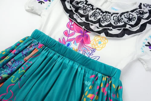Vista 5 de Uplus ME Disfraz de princesa Mirabel, vestido de disfraz para niños, ropa de Halloween con bolsa, gafas, clips para las orejas