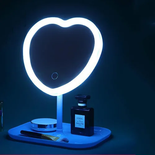 Vista 2 de Espejo de tocador de maquillaje de corazón con luces LED, luces de control táctil, brillo ajustable, espejo de tocador iluminado con carga USB