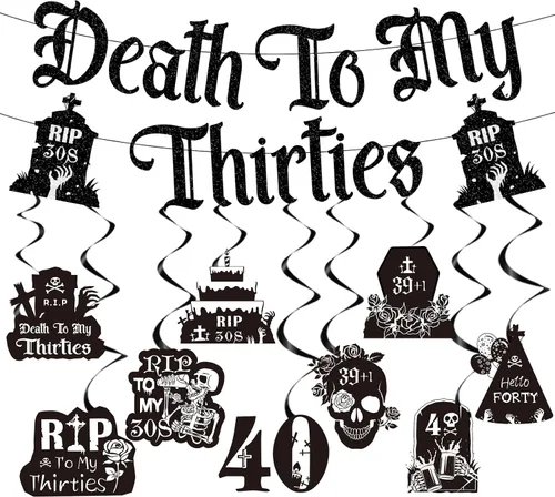 Vista 13 de Decoraciones de Death to My 20 – 14 piezas negras para decoración de fiesta de cumpleaños de 30 años, pancarta colgante de remolinos rasgados a mis