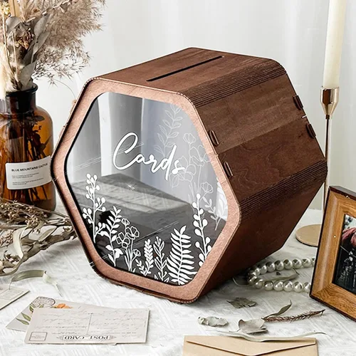 Vista 8 de Caja de tarjetas de boda OurWarm para fiesta, cajas de tarjetas de boda hexagonales marrones para recepción, caja de boda de madera para tarjetas