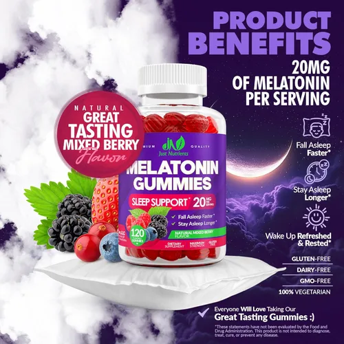 Vista 3 de Gomitas de melatonina de 20 mg (120 unidades) – Soporte para dormir de máxima fuerza para adultos con 10 mg de melatonina por gomita – Sin gluten
