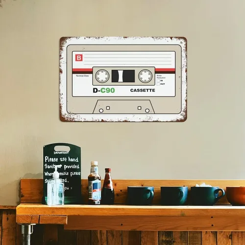 Vista 8 de Cinta de casete retro para pared, impresión de la vieja escuela, ilustración de casete de 1980 y 90, cinta mixta por divertido letrero de metal