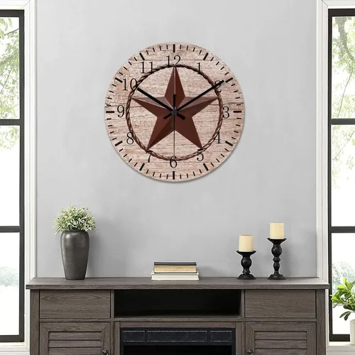 Vista 6 de Reloj de pared redondo de estilo rústico con estrella de Texas occidental, reloj de madera, silencioso sin tictac, funciona con pilas, con números