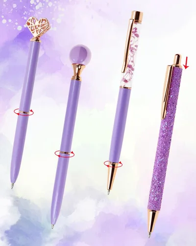 Vista 4 de PENTA ANGEL Juego de 4 bolígrafos de tinta negra, metal con purpurina, bolígrafos de regalo femeninos para mujeres, bodas, oficina (morado)