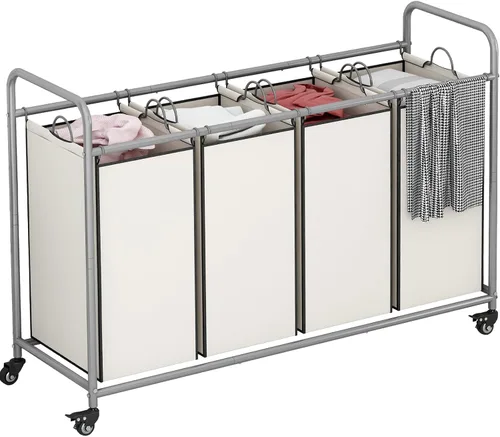 Vista 7 de LINZINAR Clasificador de ropa sucia de 3 bolsas, carrito de lavandería con ruedas enrollables resistentes y bolsas extraíbles (gris) Laundry Room