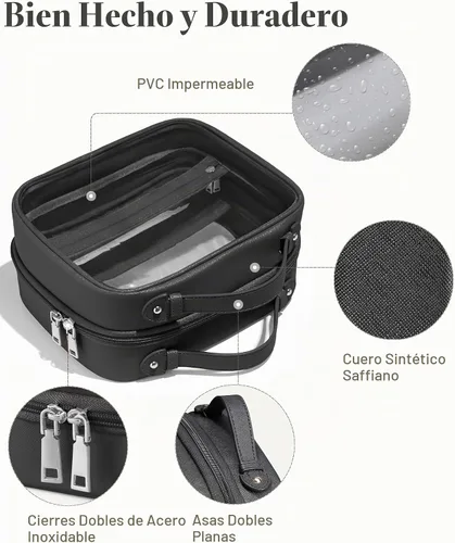 Vista 6 de Bolsa de Cosméticos Transparente de Doble Capa Bolsa de Artículos de Tocador de Viaje Bolsa de Maquillaje Transparente Estuche con 4 Compartimentos