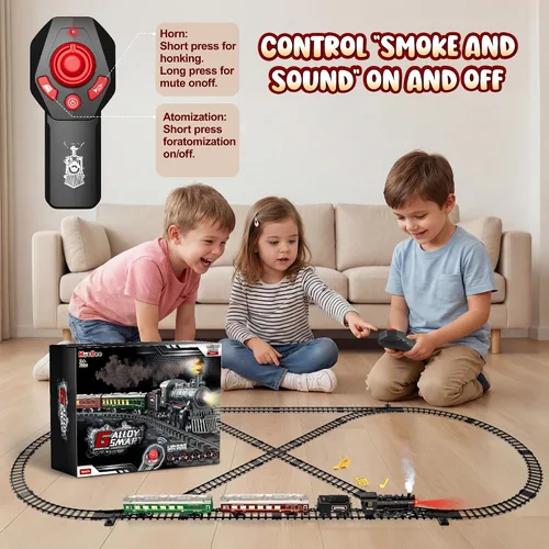 Vista 4 de Hot Bee Juego de Tren, Juguetes de Tren con Control Remoto y Pista de Lujo y Vagoneta Iluminada, Tren de Navidad de Metal para Árbol de Navidad