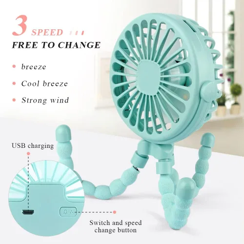 Vista 3 de Ventilador de cochecito flexible con clip de trípode para bebé, mini ventilador portátil de mano para asiento de automóvil, cuna cochecito