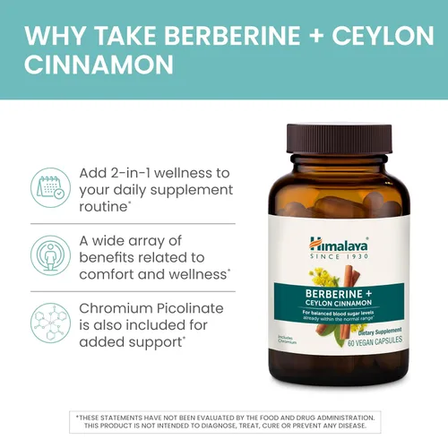 Vista 4 de Himalaya Berberina con canela de Ceilán, suplemento de hierbas para apoyar el metabolismo normal, inmune y la salud digestiva, vegano, sin gluten