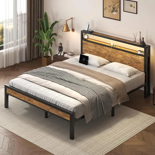 Vista 9 de E-Motie Base de cama de tamaño matrimonial con luces LED y estación de carga, cabecera de almacenamiento de madera con estantes de 2 niveles