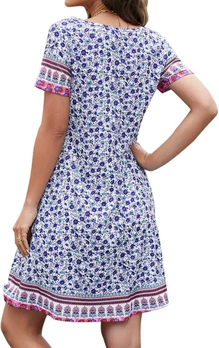 Vista 7 de Sherosa - Vestido de verano sin mangas o con manga corta, estampado floral, con bolsillos, casual, suelto, con vuelo, vestido estilo camiseta