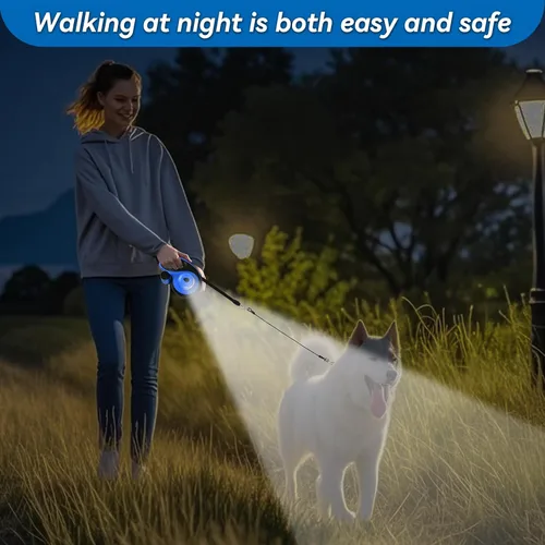 Vista 6 de Correa retráctil resistente de 26 pies para perros grandes, correa de perro con soporte para bolsa de excrementos, hasta 100 libras, con luz LED