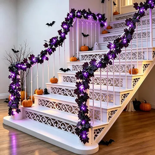 Vista 6 de Halloween Decor-2Pcs Black Maple Leaf Garland,Battery Operated String Light 6.5 Ft 30LED Purple Lights for Fireplace,Porch,Table,Wall,Party,Indoor