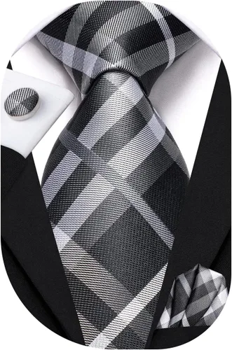 Vista 290 de Hi-Tie Corbata clásica de cachemira para hombre con pañuelo y gemelos a cuadros