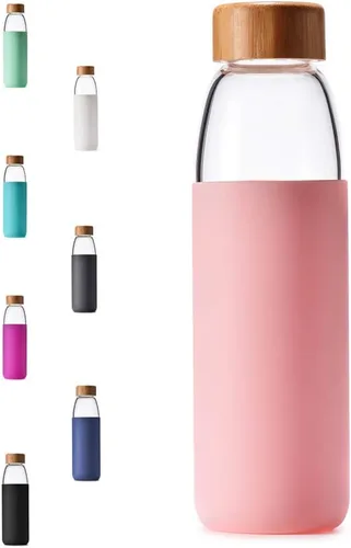 Vista 18 de Botellas de agua de vidrio de borosilicato de 18 onzas con tapa de bambú, sin BPA, funda de silicona antideslizante y tapa a prueba de fugas de Negro