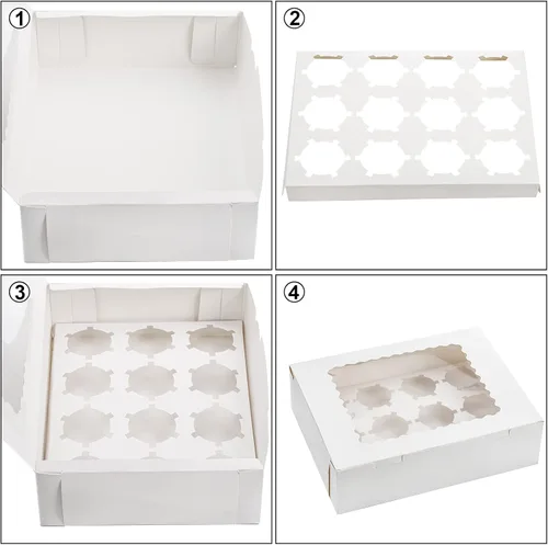 Vista 3 de Paquete de 20 cajas para cupcakes, 12 unidades, recipientes de papel blanco para cupcakes con insertos y ventana, contenedor de panadería, docena