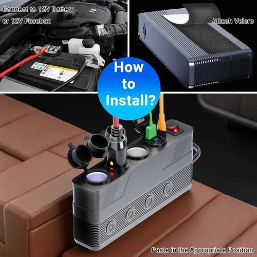 Vista 5 de Divisor de enchufe de encendedor de cigarrillos de 12V: toma de corriente de 180W 15A de 3 enchufes con 4 puertos USB PD66W QC18W - Divisor