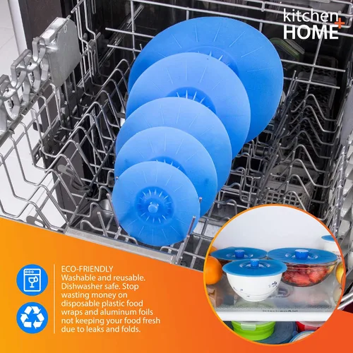 Vista 6 de Set de 5 tapas de silicona de diferentes tamaños para tazas, cuencos, ollas o contenedores., Azul