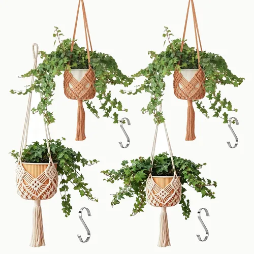 Vista 12 de Maceta Colgante con Patrones, Juego de 4 Colgadores de Macramé para Plantas de Interior, para Macetas de hasta 8 Pulgadas, Soporte de Ganchillo Boho